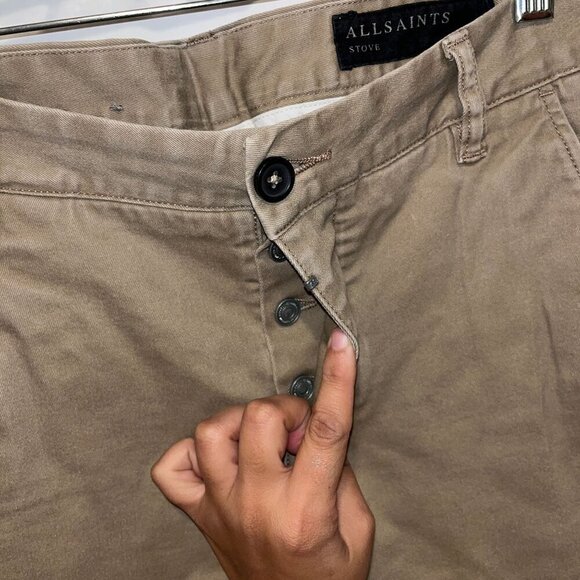 All Saints Mens Stove Khaki Slim-Fit Chino Pants 28 - Picture 6 of 10